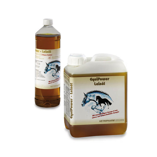 Equipower Leinöl von Vetripharm als Flasche und im Kanister